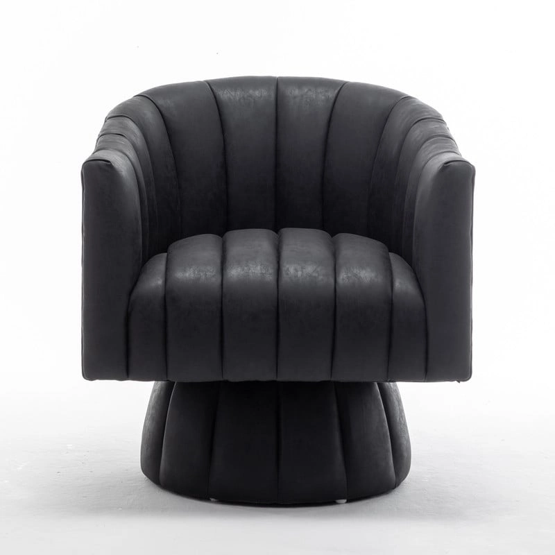 SEYNAR Mid-Century Swivel PU Leather Tufted Round Accent Barrel Chair