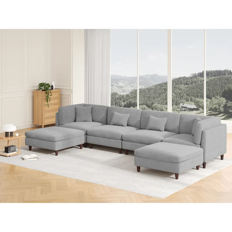 Corduroy Modular Sectional Sofa Set With Ottoman