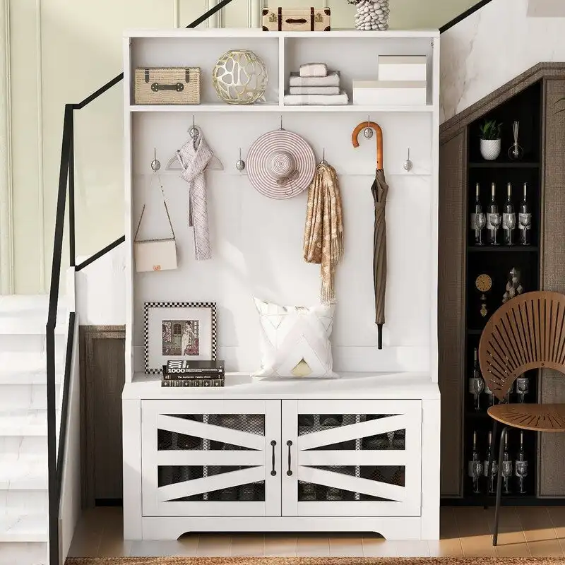 Wide Hall Tree with 10 Shoe Cubbies & 7 Coat Hooks, 43 W Coat Rack with Entryway Bench, 3-in-1 Design and Adjustable Shelves