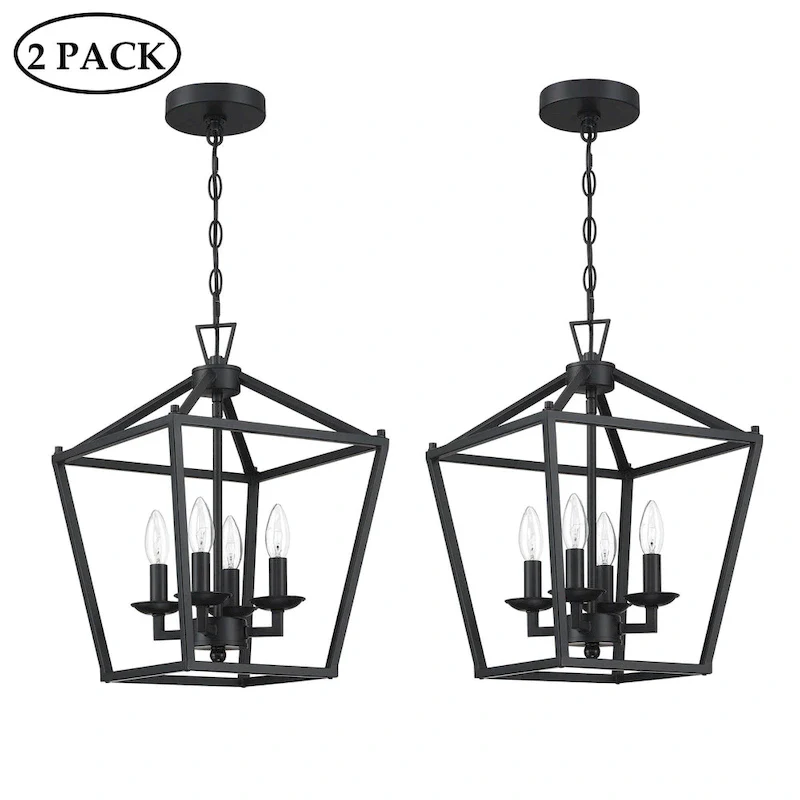 2-PK 12 in.4-light Geometric Lantern Chandelier with Matte Black finish/Soft gold finish