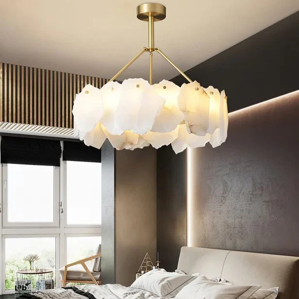 Brass Downrod Circular White Alabaster Chandelier