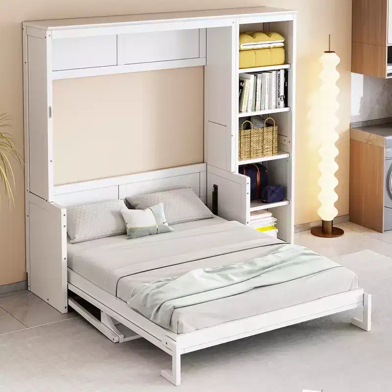 GDFStudio Ruby Space-Saving Solid Pine Wood Murphy Bed with Desk and Bookshelf