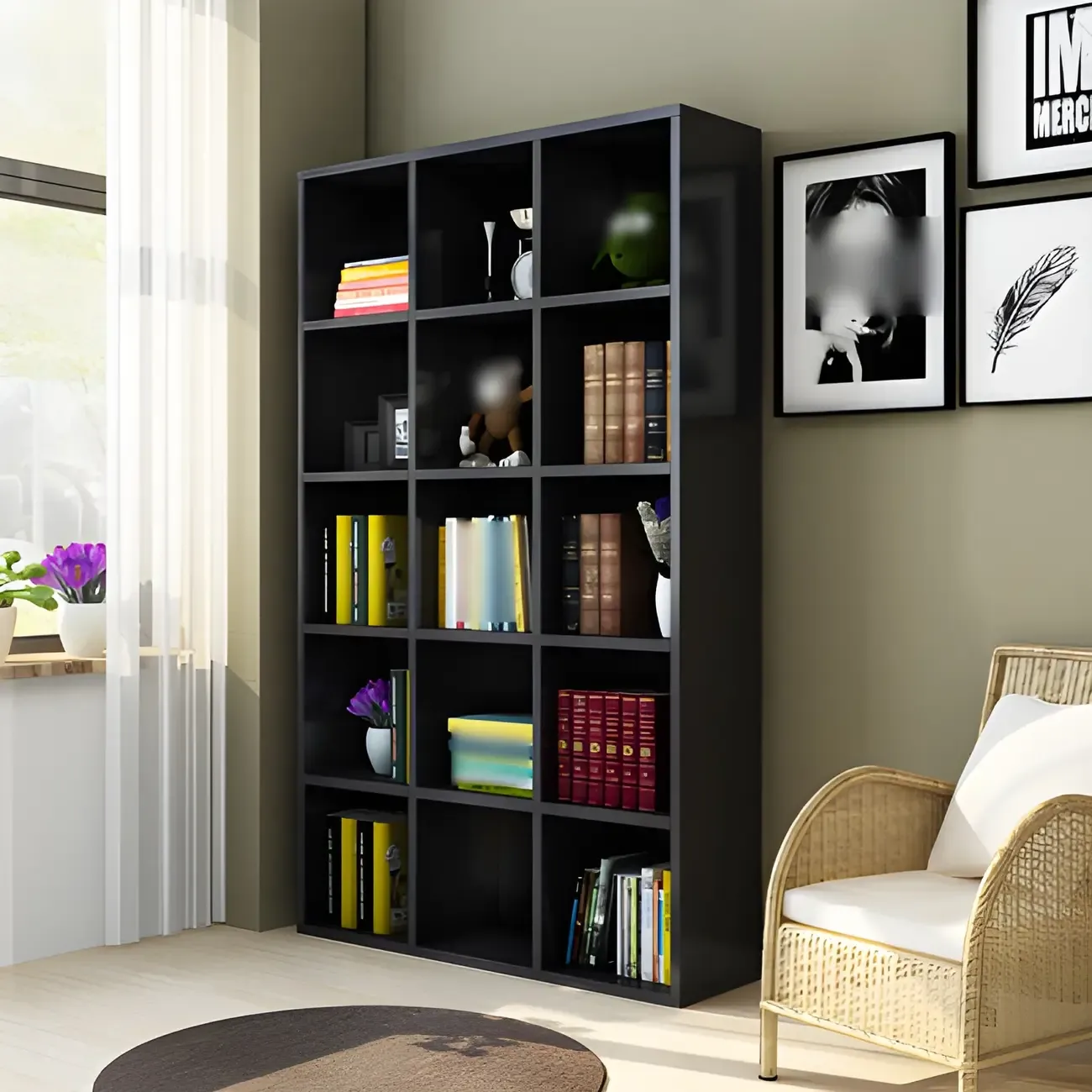 Scandinavian 3-Tier Black Cube Wood Bookcase