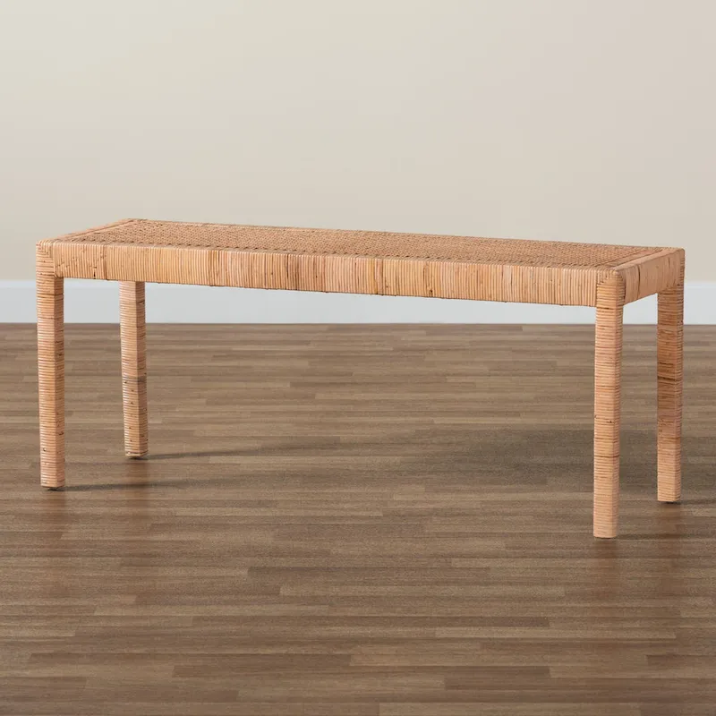 Abelia Modern Bohemian Natural Rattan and Mahogany Wood Accent Bench