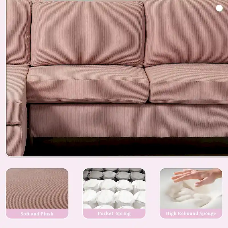 Reversible Chaise Sofa, Suede Fabric, Metal Legs, Spring Coils, Light Brown/Brown/Grey/Blue/Beige