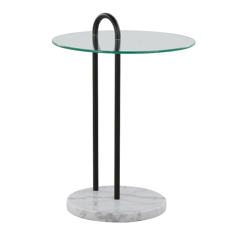 Claire Contemporary/Glam Side Table in White Marble and Black Metal with Clear Glass Table Top by LumiSource