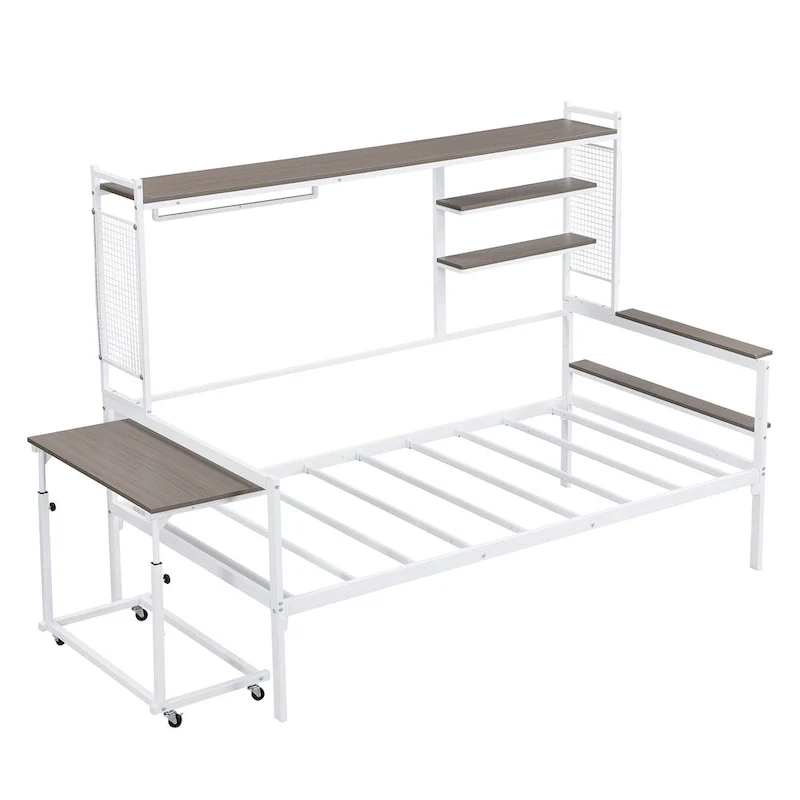 Versatile Daybed with Movable Desk, Metal Sofa Bed Frame with Metal Grid, Shelves and Clothes Hanger, No Box Spring Needed