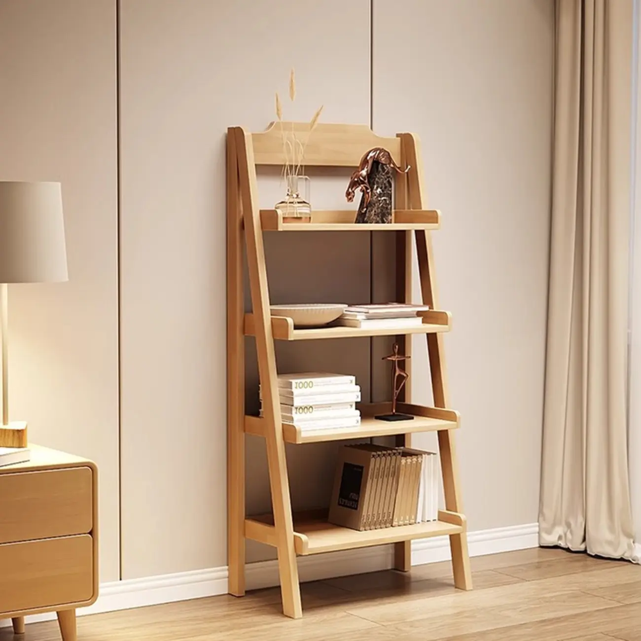 Mid-Century Modern Walnut Wood Multi-tier Ladder Bookshelves