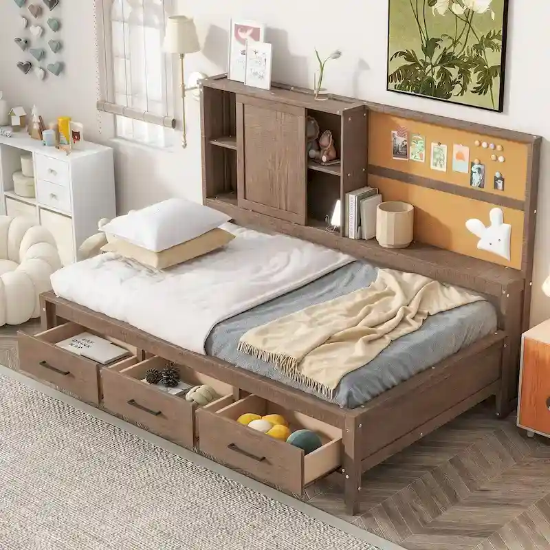 Nestfair Twin Size Lounge Daybed with Storage Shelves, Cork Board, USB Ports and 3 Drawers