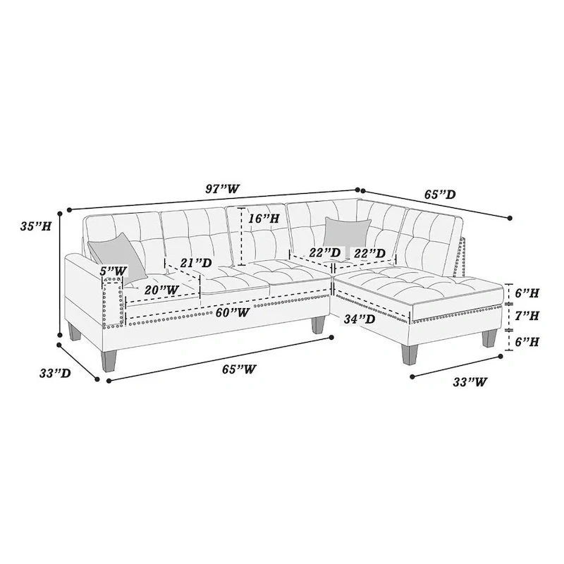 2 Piece Linen-like Fabric Sectional Sofa Set with 2 Accent Pillows