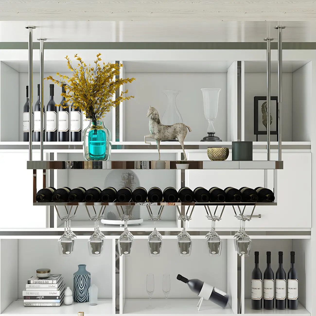 Modern Metal Hanging Wine Rack with Glass Holder