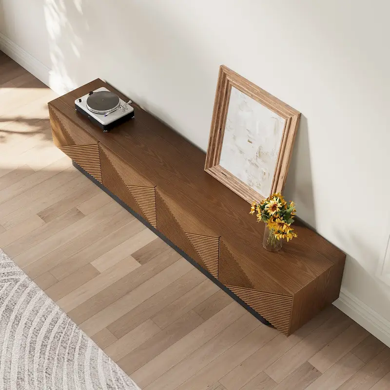 78.74  Mid Century Modern TV Stands, with Brown Solid Wood Veneer, Media Consoler with 4 Cabinets