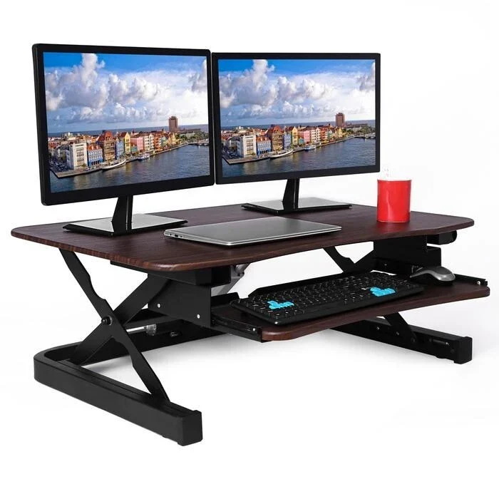 Electric Sit-to-Stand Desk Riser, Brown/Black/White, 36"x24" Surface, USB Port, No Assembly