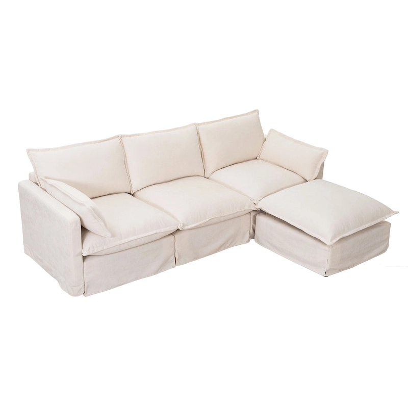 93.31 Faux Linen Modular Sectional Sofa with Movable Ottoman, Solid Wood Frame, and High-Resilience Foam Cushions
