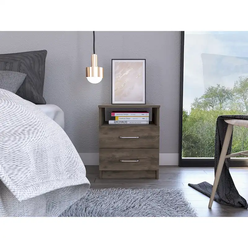 2-Drawer Nightstand with Open Shelf – Black / Dark Brown / Light Oak / White / Light Gray