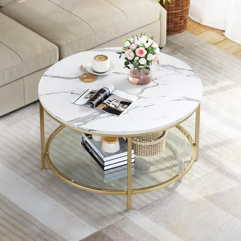 White Marble Pattern Round Coffee Table with Glass 2-Tier Circle Gold Frame