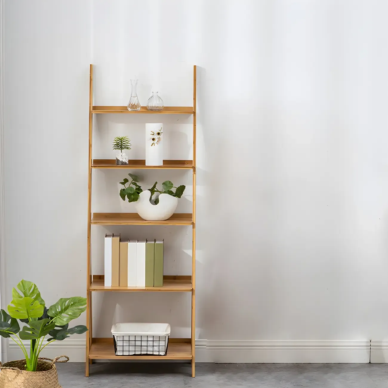 Solid Wood 5-Tier Open Back Ladder Bookshelf