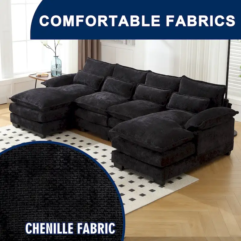 Chenille Upholstered U-Shaped Living Room Sectional Sofa With Wooden Legs