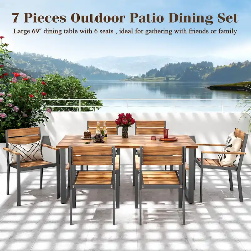 Gymax 7 Piece Patio Dining Set 69 Rectangle Table w/ 6 Stackable