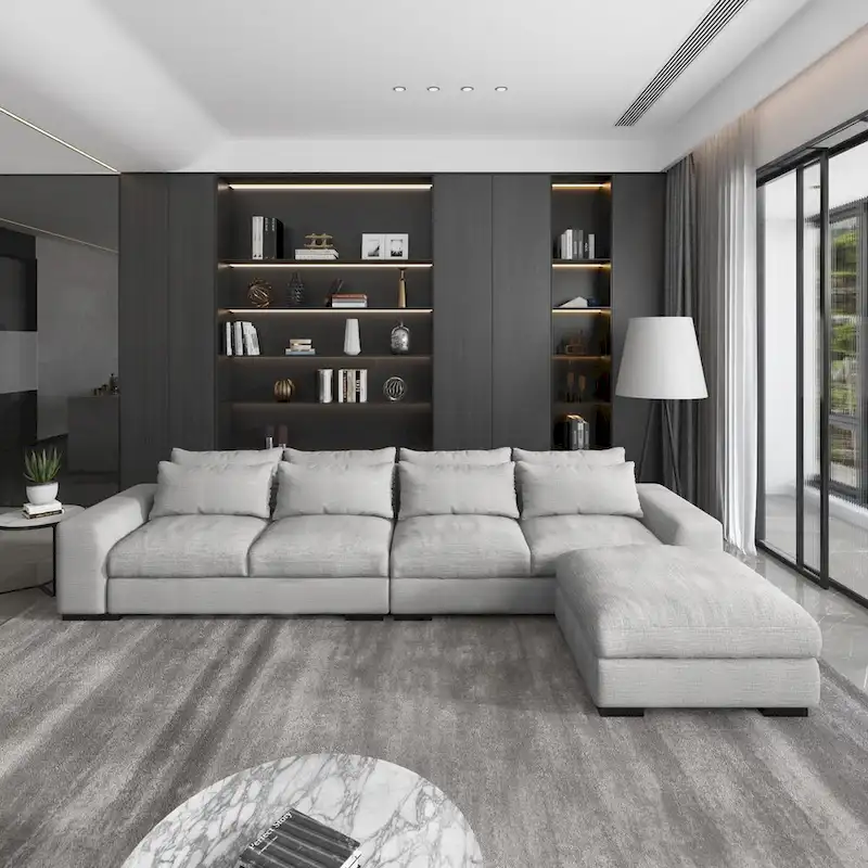 150 Wide L-Shape Linen Sofa Couch, Modern Feather Filled 5-Seat Sectional Sofa Couch with Ottoman