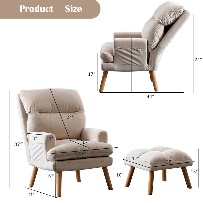 Velvet Fabric Armchair with Ottoman with Adjustable Backrest and Side Pockets