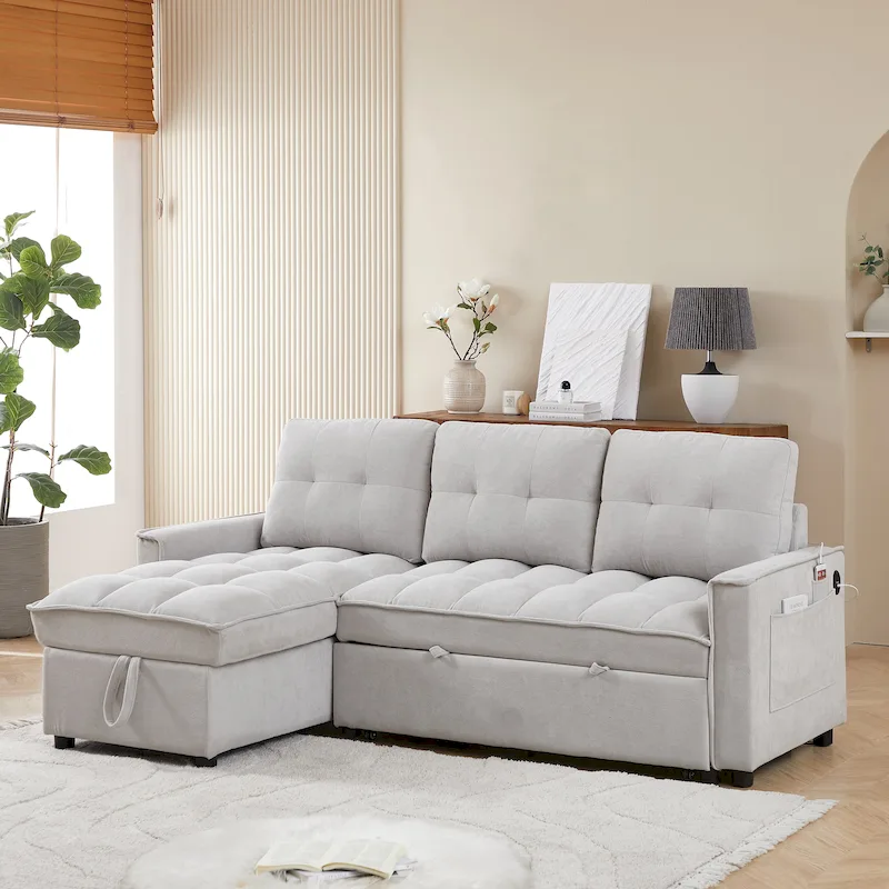 78.75 Chenille Pull-Out L-Shaped Sofa Bed with Charging Ports
