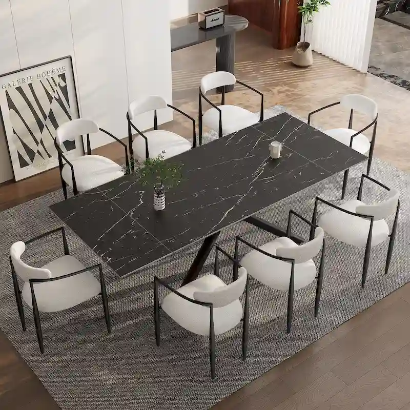 9 - Piece Extendable Sintered Stone Top Cross Legs Dining Set With 8 Fabric Chair