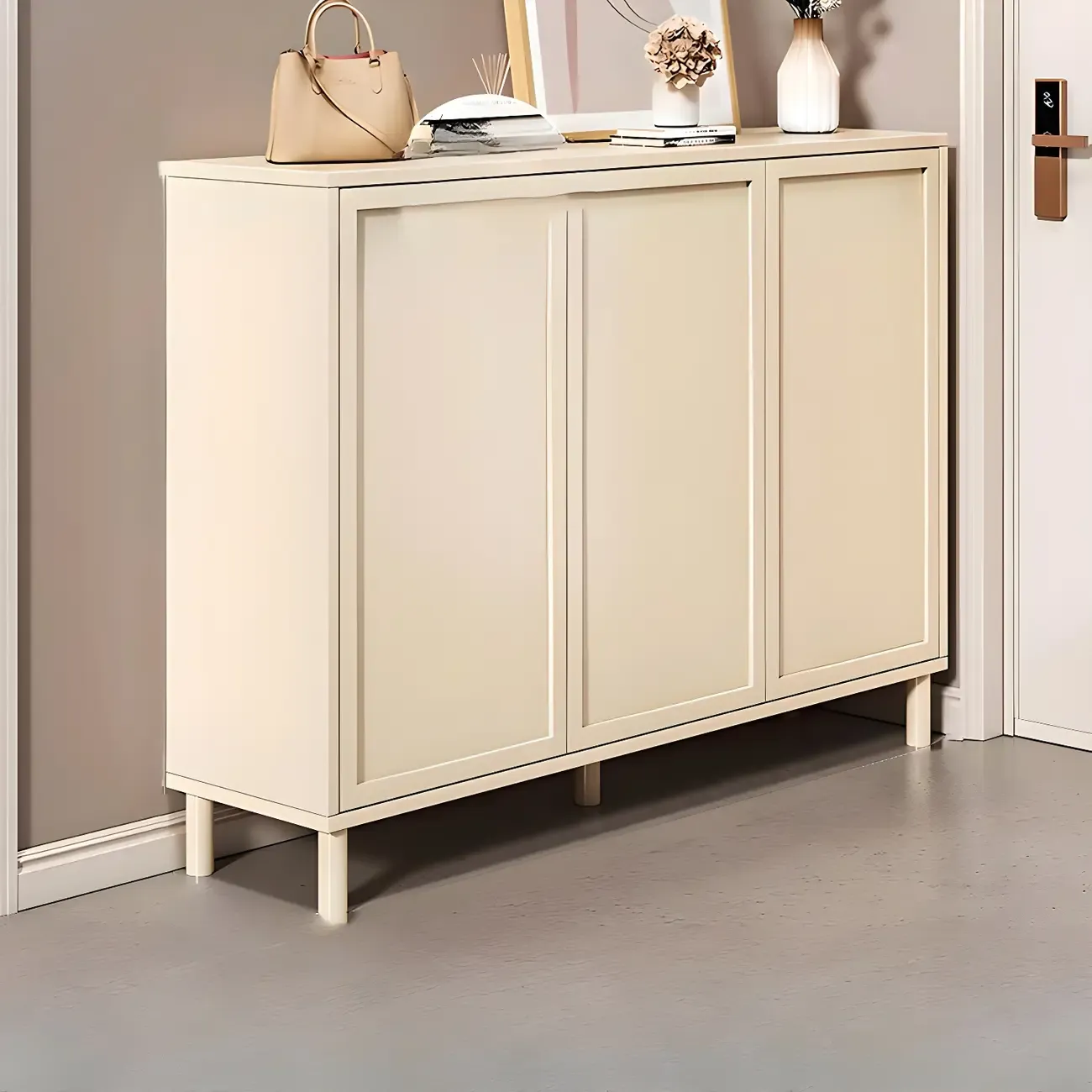 Cream White Wood Shoe Cabinet with Shoe Lattice