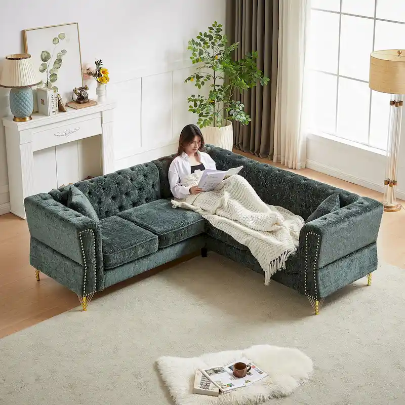 Green 81.5 Chenille L-Shaped 5-Seat Sofa
