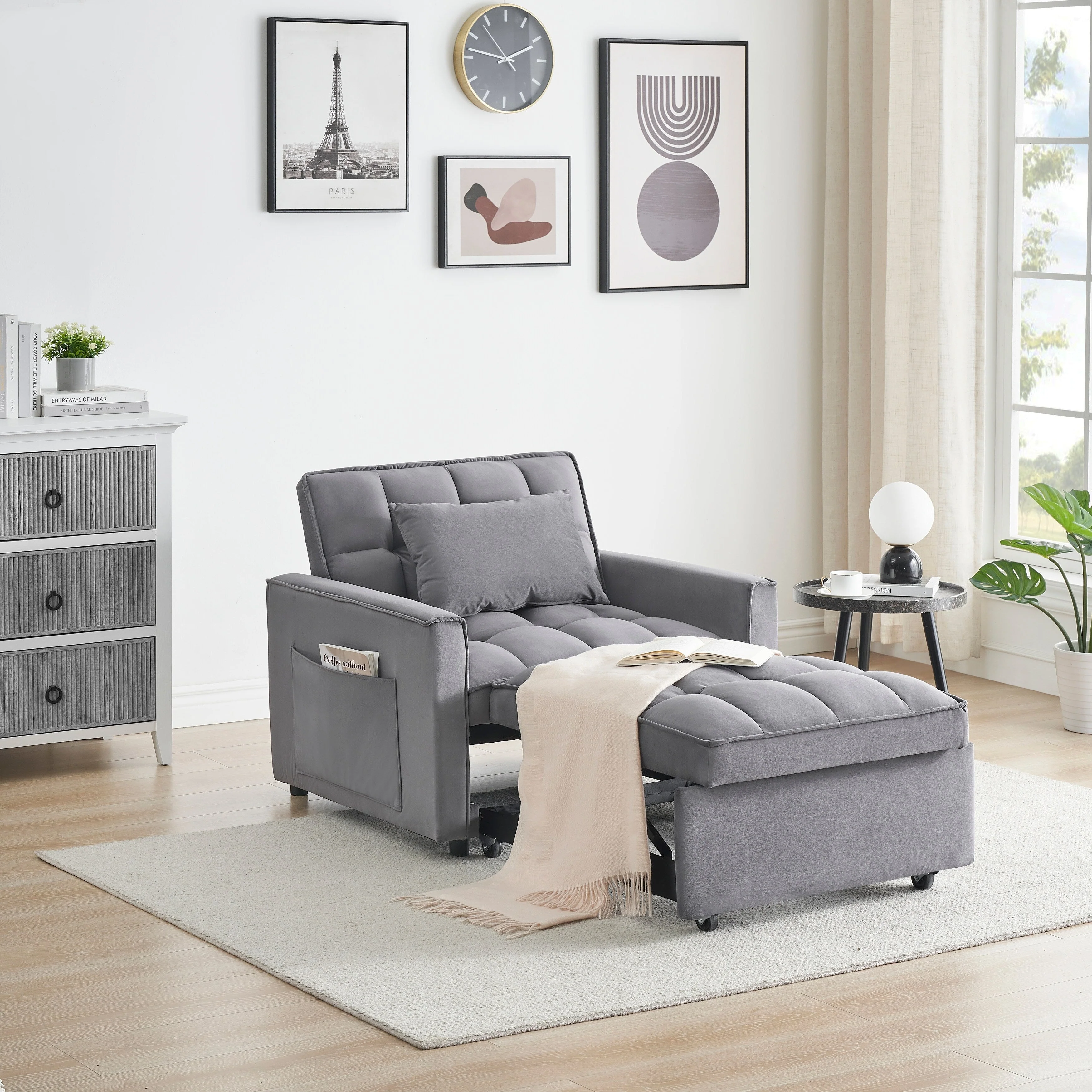 Dark Grey Modern 70.86 3 in 1 Single Convertible Sofa Bed with Adjustable Back and Moving Wheel for Living Room