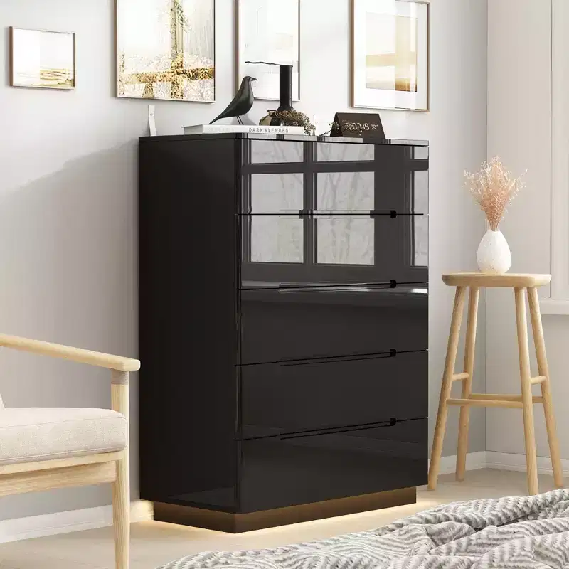 Hitow High Gloss 5 Drawer Dresser with Underlight Concealed Handle Chest of Drawers