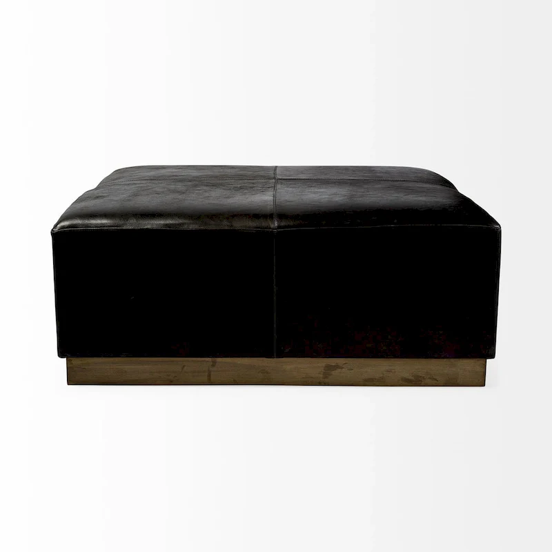 36 Square Ottoman Black Genuine Leather Top-Grain Upholstery Brass Metal Base Modern Living Room Furniture