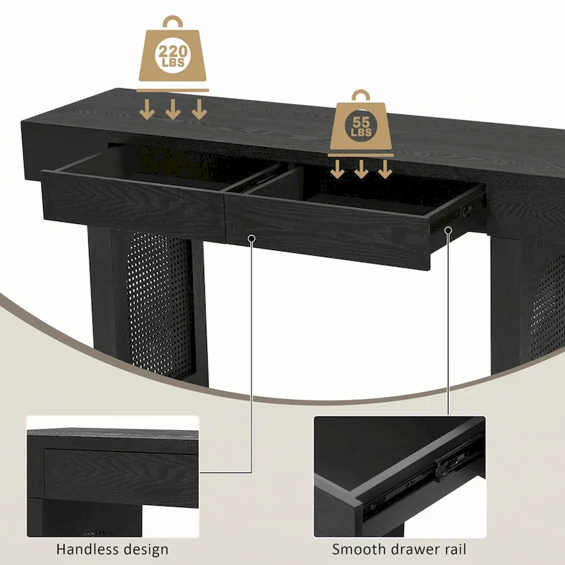 Narrow Console Table with Rattan Accent(Antique Black)