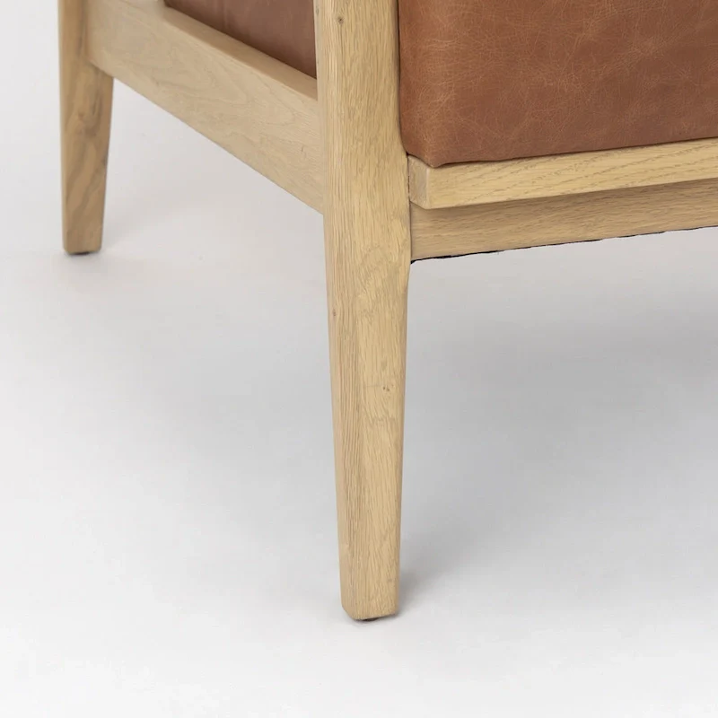 Brown Genuine Leather w/ Light Brown Solid Beechwood Frame Accent Chair - 27.9W x 34D x 34.4H