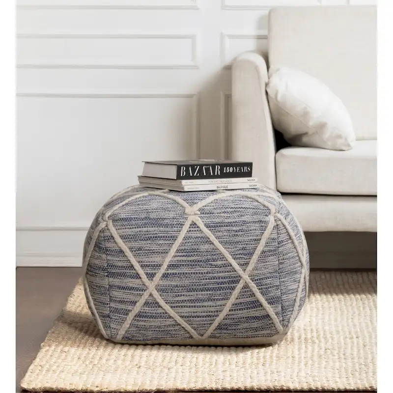 Jani Kirkwood Lake 22-inch Blue Pouf Ottoman - Handmade Footrest for Living Room, Bedroom, Nursery, Kidsroom