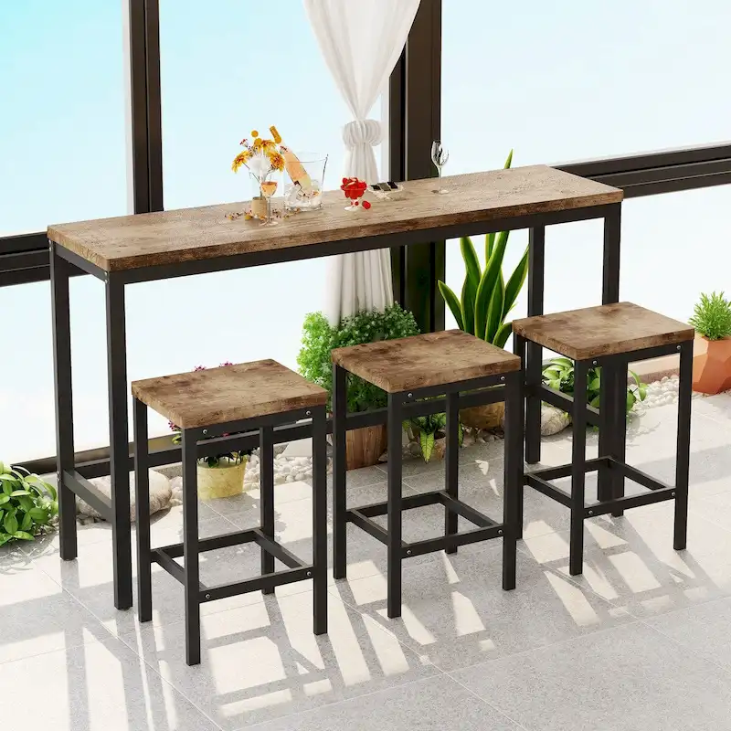 Modern Design Kitchen Dining Table, Pub Table, Long Dining Table Set with 3 Stools, Easy Assembly