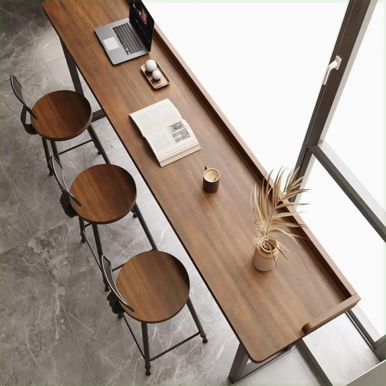 Modern Brown Tray Top Wooden Iron Shelf Bar Tables