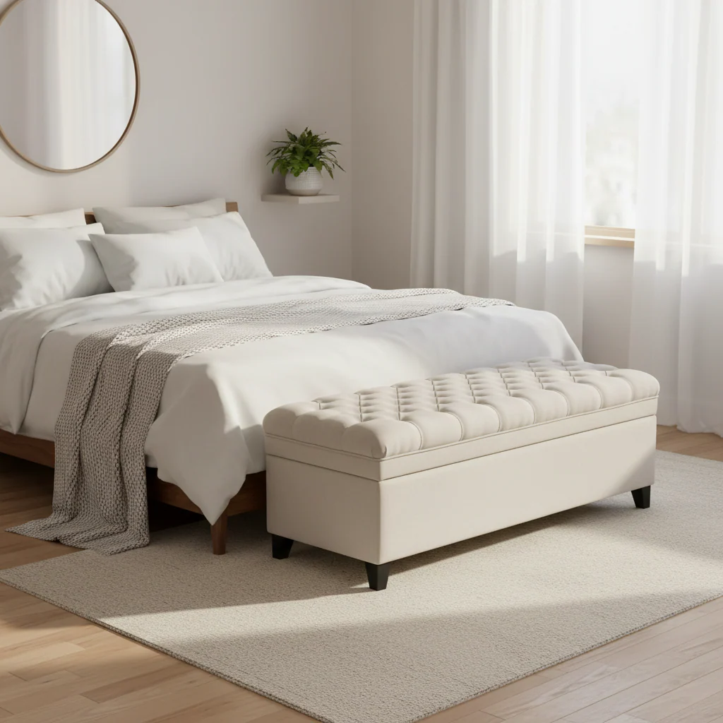 Storage Bench Ottoman, 50 Inch Seat, Button Tufted Gray Fabric