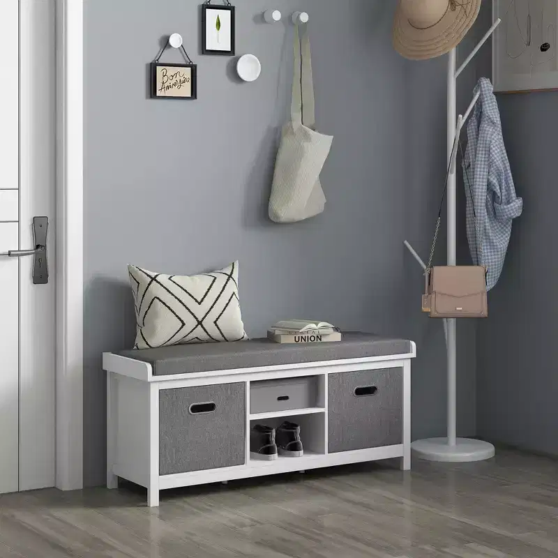 White Upholstered Storage Bench with 2 Drawers, 1-Seat