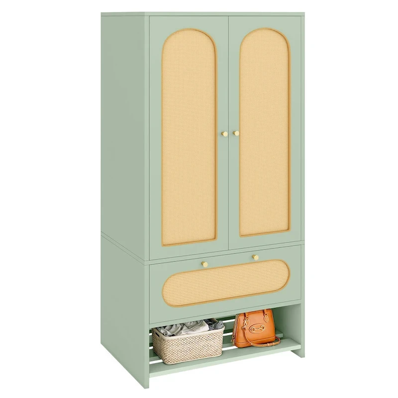Moasis 70 Rattan Armoire Bedroom Wardrobe with Drawer & Hanging Rod