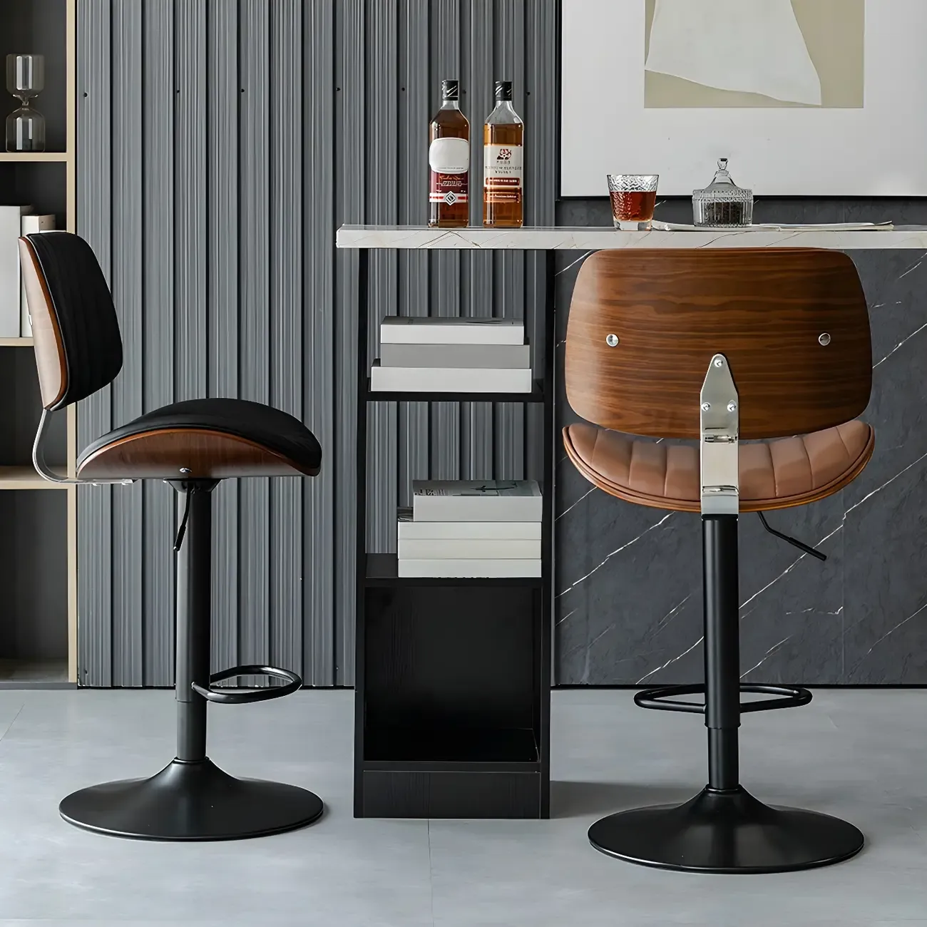 Adjustable Height Bucket Swivel Leather Bar Stool with Back