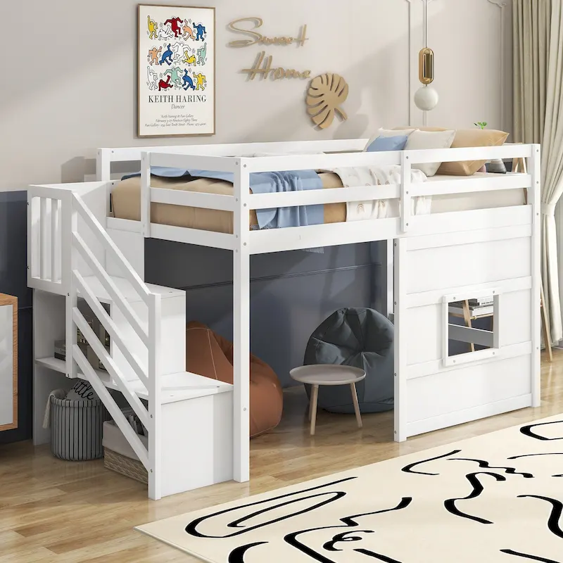 Twin Size Loft Bed with Storage Staircase and Window, Wood Bedframe