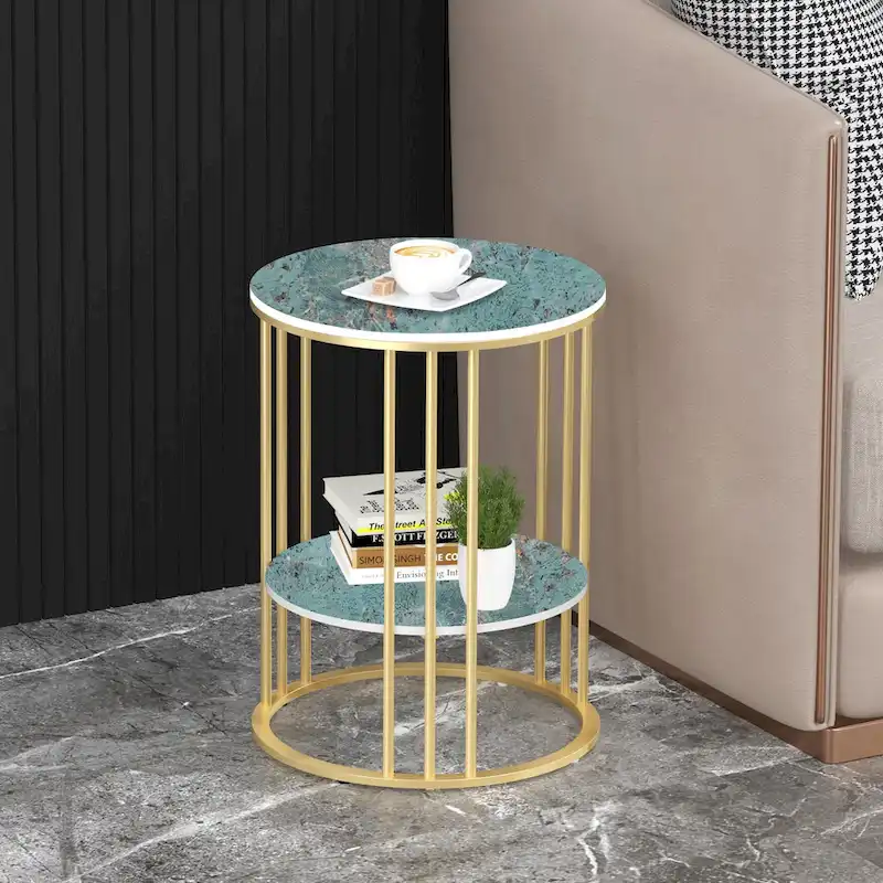 2 Tier Round Sintered Stone End Table Sofa Side Table with Golden Frame