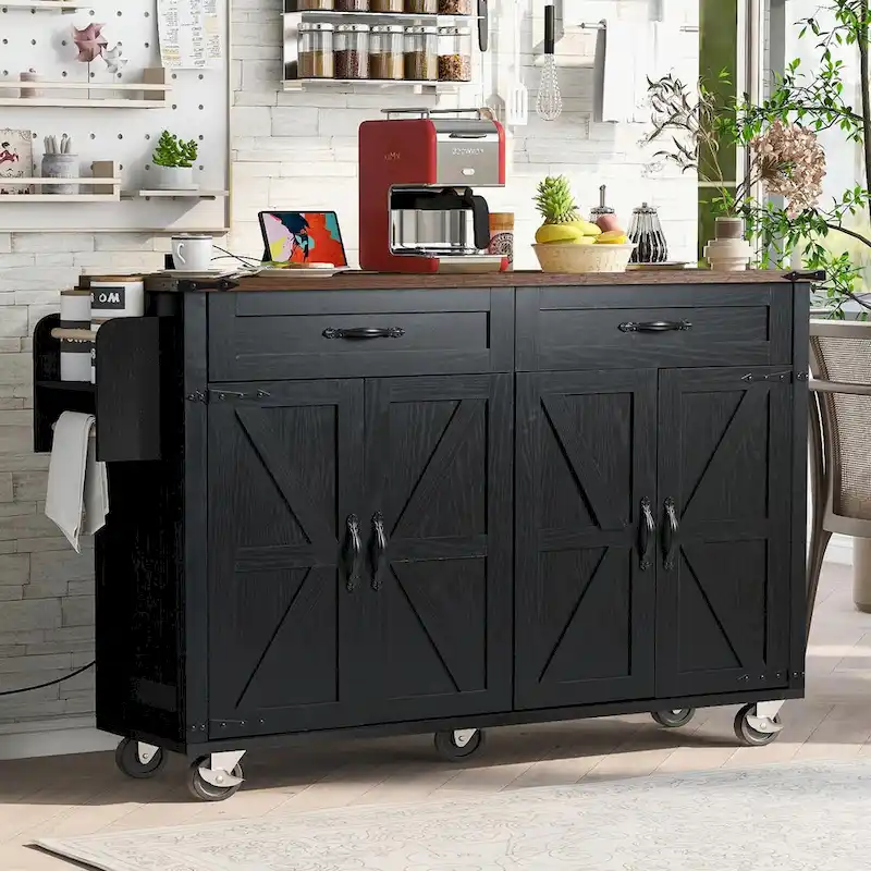 53.5 Farmhouse Kitchen Island - Power Outlet, Drop Leaf, Spice Rack, Drawer, Rolling Cart on Wheels