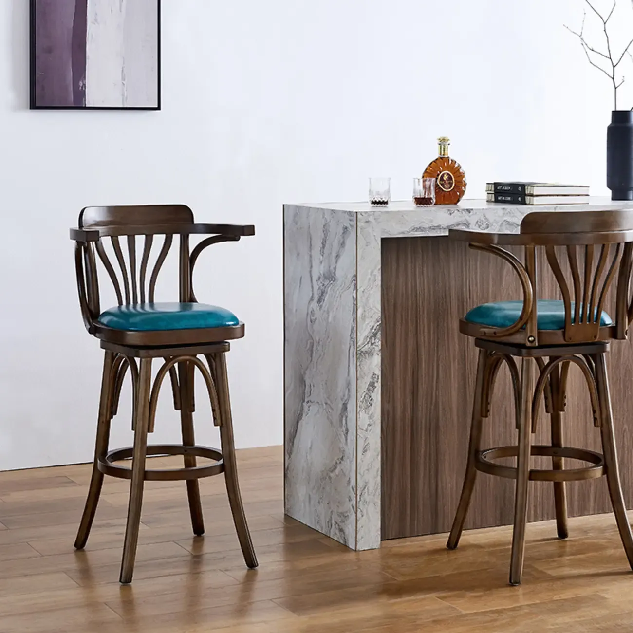 Antique Blue Leather Upholstered Rotatable Bar Stool
