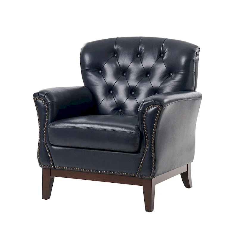 Traditional Genuine Leather Accent Chair with Tufted Wing Back