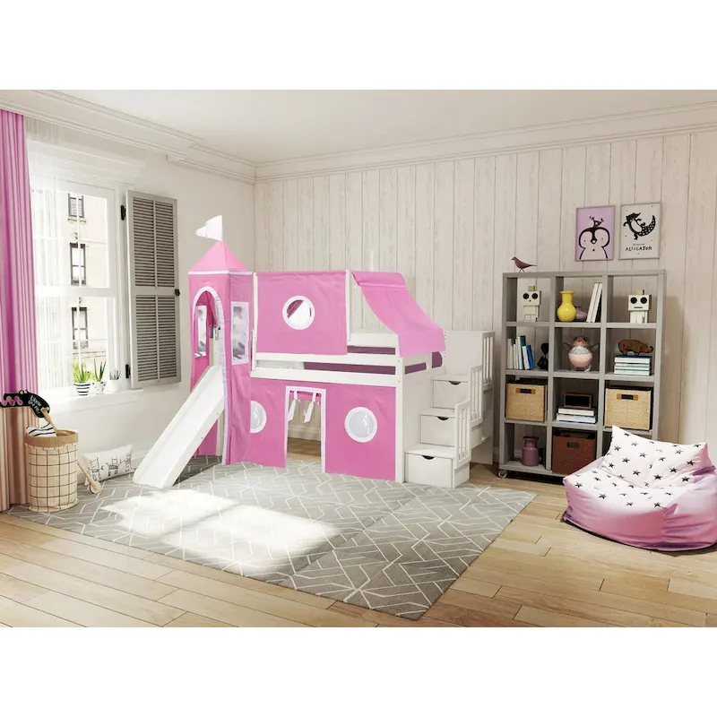 JACKPOT Prince & Princess Low Loft Twin Bed, Stairs Slide Tent & Tower