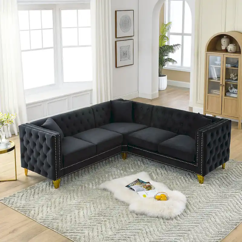 Black 82.2 Velvet Chesterfield L-Shaped Sofa for 5 with Nailhead Trim and Tufted Cushions