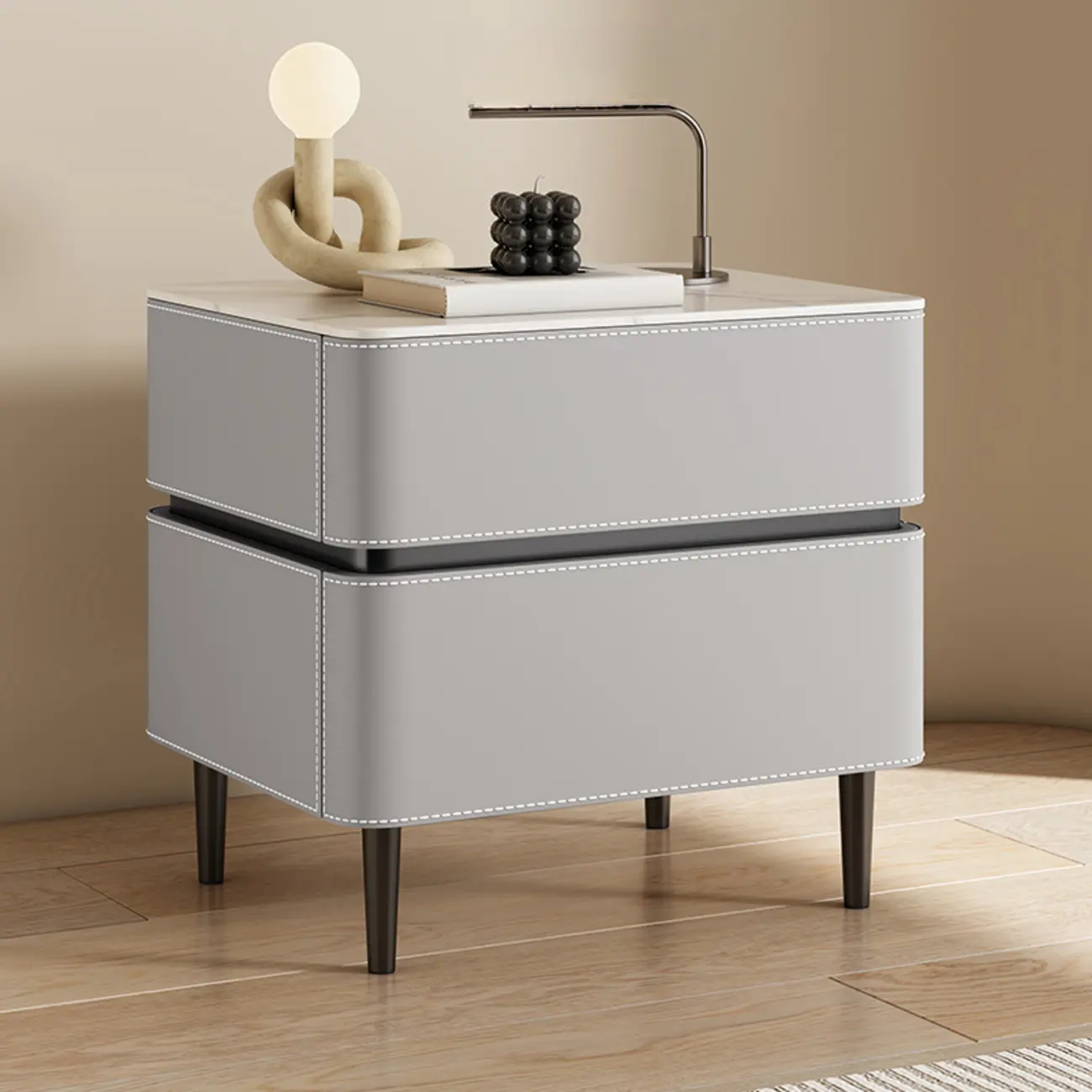 Modern Faux Marble Top Leather Rounded 2-Drawer Nightstand