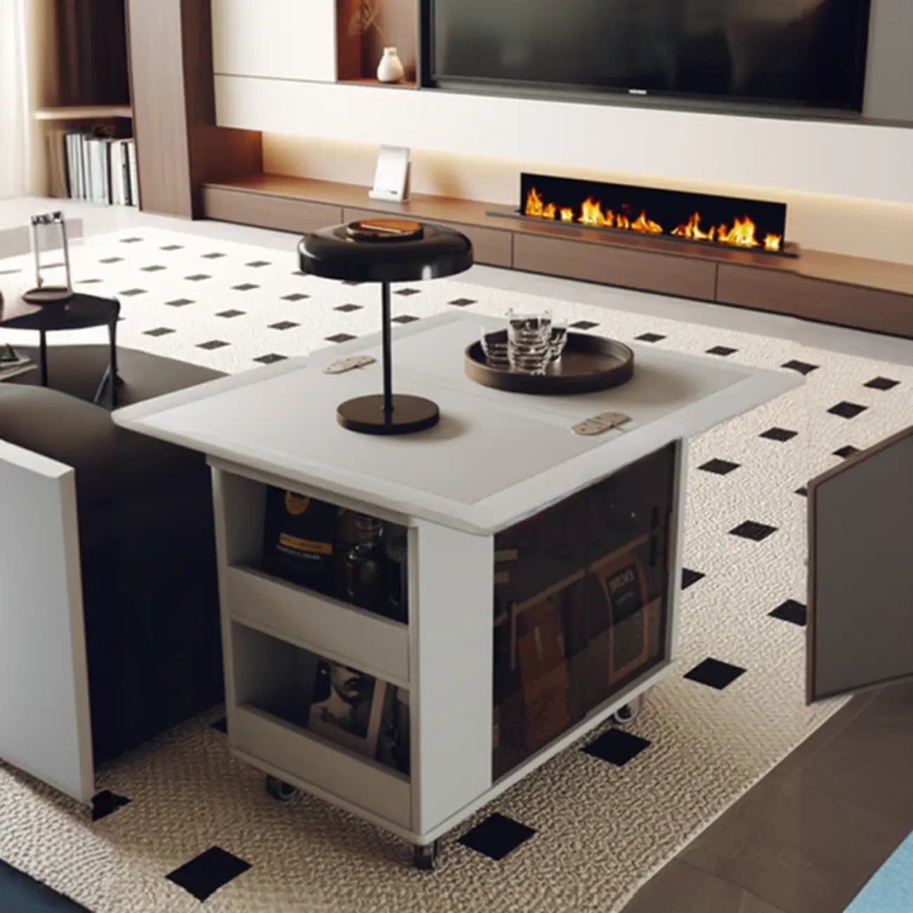 Modern Folding Table Top Wood Mobile Side Table with Wheels